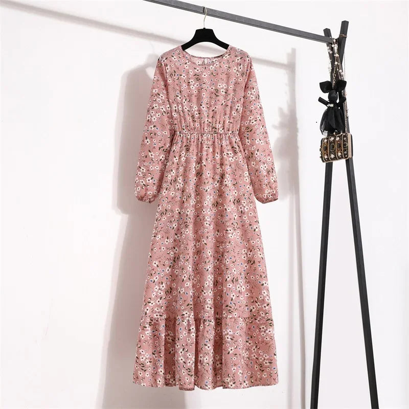 Women Maxi Dresses Casual Full Sleeve Floral Printed or solid color, O-neck, classic, timeless and elegant