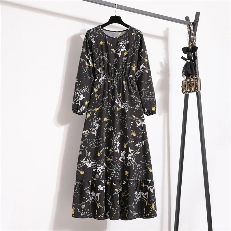 Women Maxi Dresses Casual Full Sleeve Floral Printed or solid color, O-neck, classic, timeless and elegant