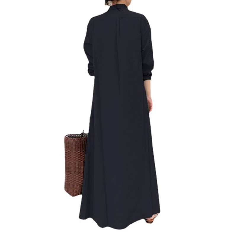 European and American style cotton linen solid color lapel long sleeve pocket simple loose casual long shirt dress