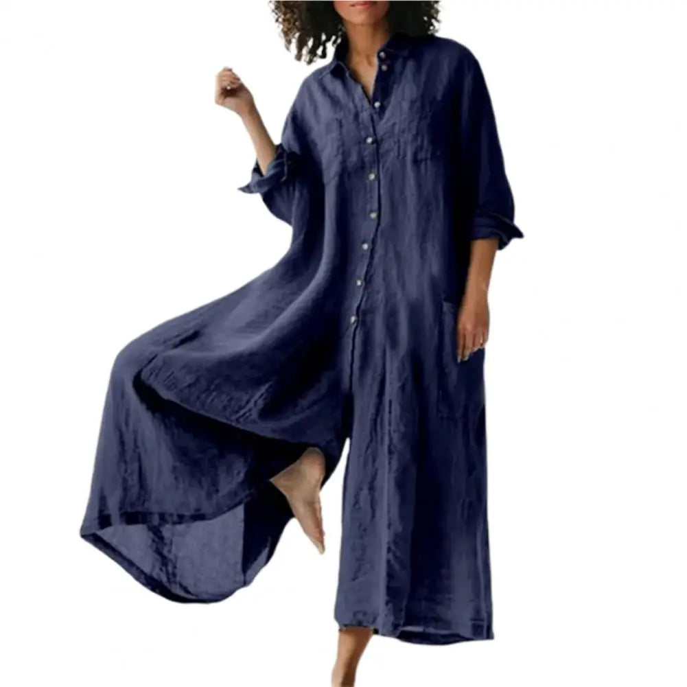 Casual Jumpsuit Breathable Cotton Linen Button Closure Female Wide Legs Pants Long Romper Adults Jumpsuit Streetwear