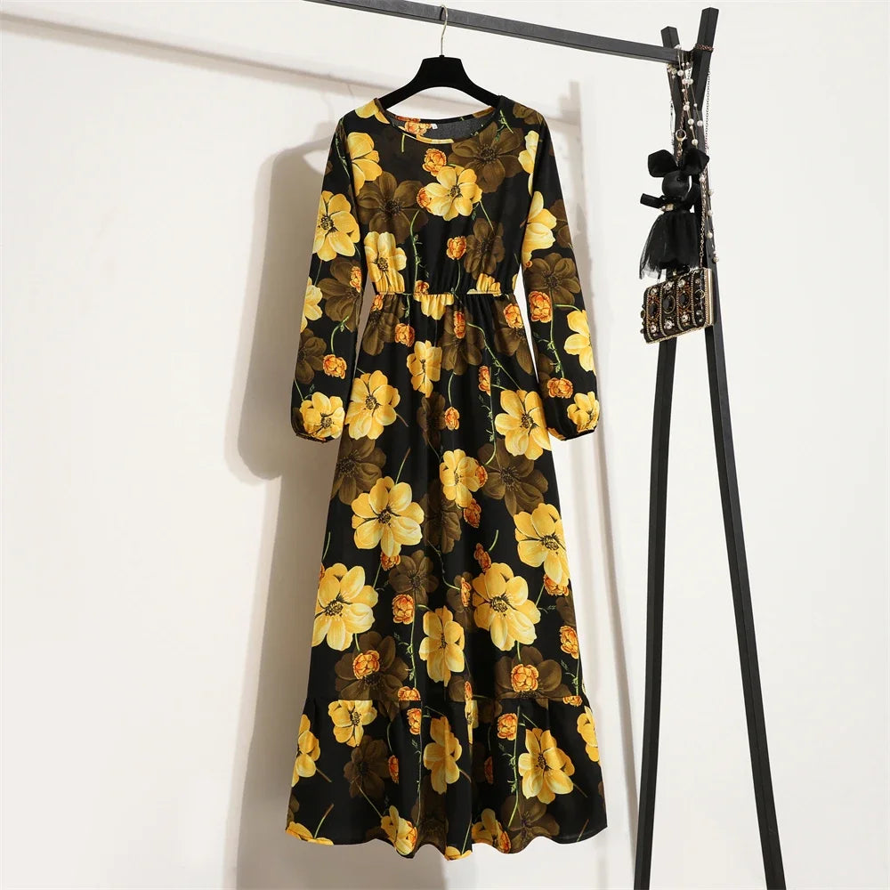 Women Maxi Dresses Casual Full Sleeve Floral Printed or solid color, O-neck, classic, timeless and elegant
